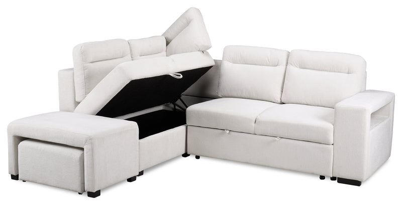 Coast 3-Piece Left-Facing Fabric Sleeper Sectional with Storage and Ottoman - Ivory White 