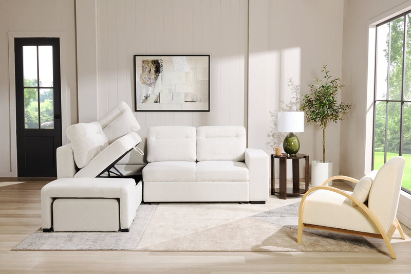 Coast 3-Piece Left-Facing Fabric Sleeper Sectional with Storage and Ottoman - Ivory White 