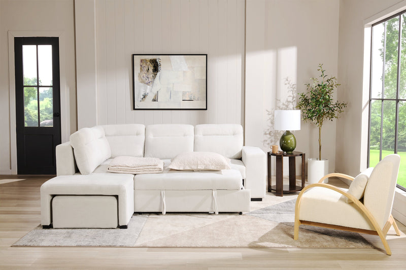 Coast 3-Piece Left-Facing Fabric Sleeper Sectional with Storage and Ottoman - Ivory White 