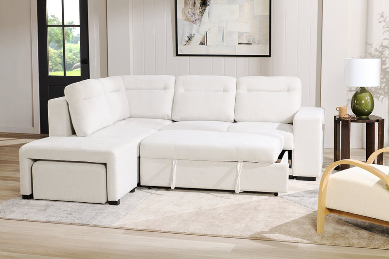 Coast 3-Piece Left-Facing Fabric Sleeper Sectional with Storage and Ottoman - Ivory White 