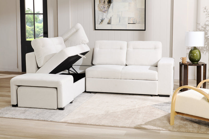 Coast 3-Piece Left-Facing Fabric Sleeper Sectional with Storage and Ottoman - Ivory White 