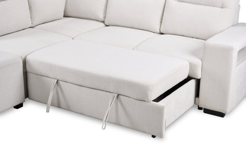 Coast 3-Piece Left-Facing Fabric Sleeper Sectional with Storage and Ottoman - Ivory White 