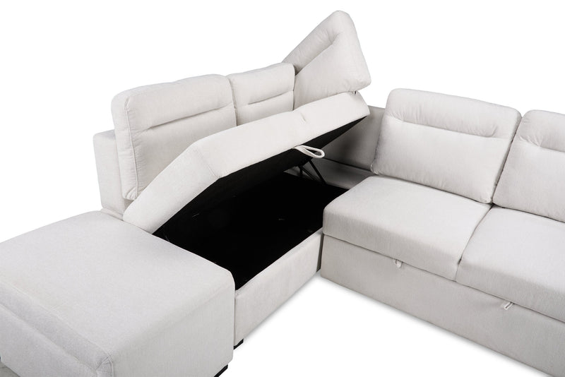 Coast 3-Piece Left-Facing Fabric Sleeper Sectional with Storage and Ottoman - Ivory White 