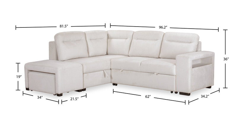 Coast 3-Piece Left-Facing Fabric Sleeper Sectional with Storage and Ottoman - Ivory White 