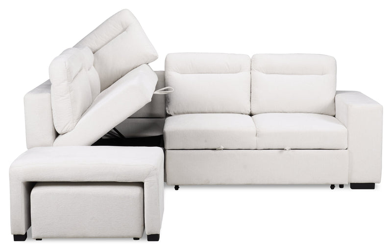 Coast 3-Piece Left-Facing Fabric Sleeper Sectional with Storage and Ottoman - Ivory White 
