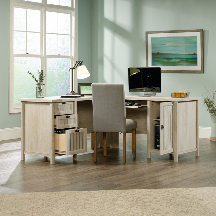 Costa 65.12\" Commercial Grade L-Shaped Office Desk with 3-Drawers & Cabinet - Chalked Chestnut