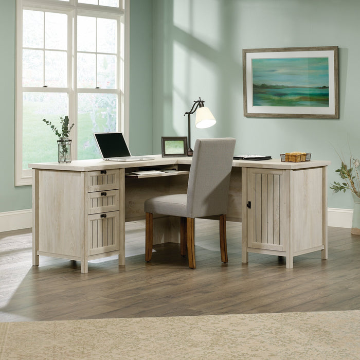 Costa 65.12\" Commercial Grade L-Shaped Office Desk with 3-Drawers & Cabinet - Chalked Chestnut