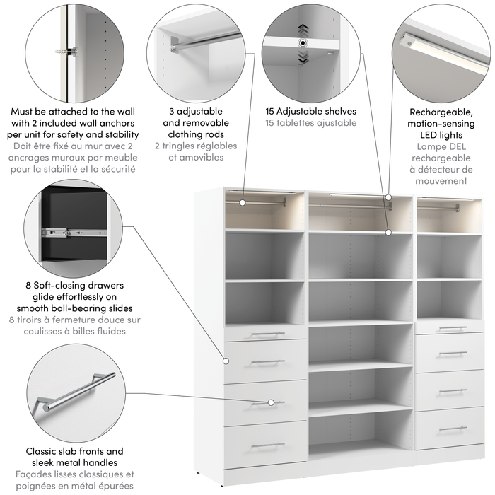 Bestar Florence 85\" Modular Reach-In/Walk-In Closet System with LED Lights and Storage - White