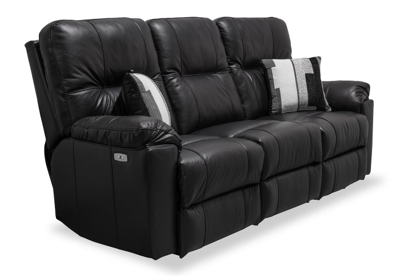 Canadian Made Dawson 87\" Genuine Leather Power Reclining Sofa with USB Port and Accent Pillows - Black