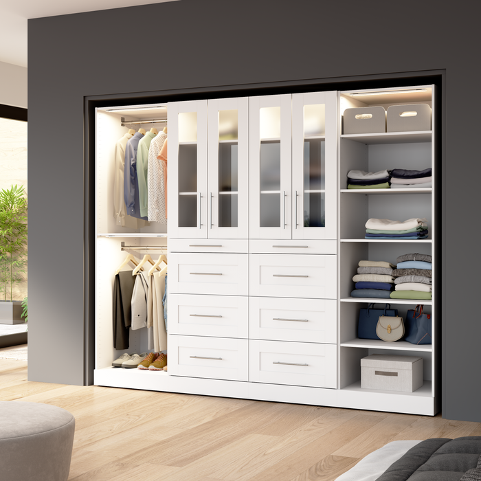 Bestar Florence 100\" Modular Walk-In Closet System with LED Lights, Rods, Shelves, Drawers and Doors