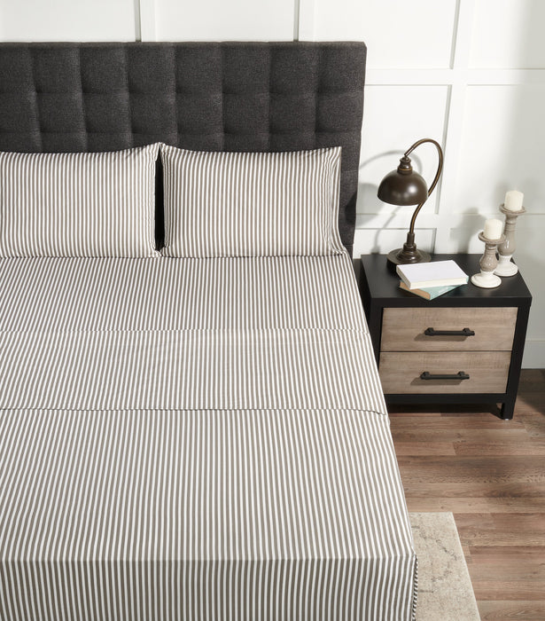 Striped 4-Piece Full Cotton Sheet Set - Dark Grey 