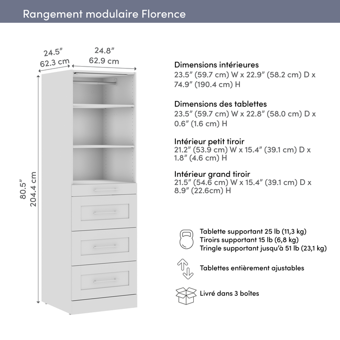 Bestar Florence 25\" Modular Reach-In/Walk-In Closet System Tower with LED Light, Shelves and 4 Drawe