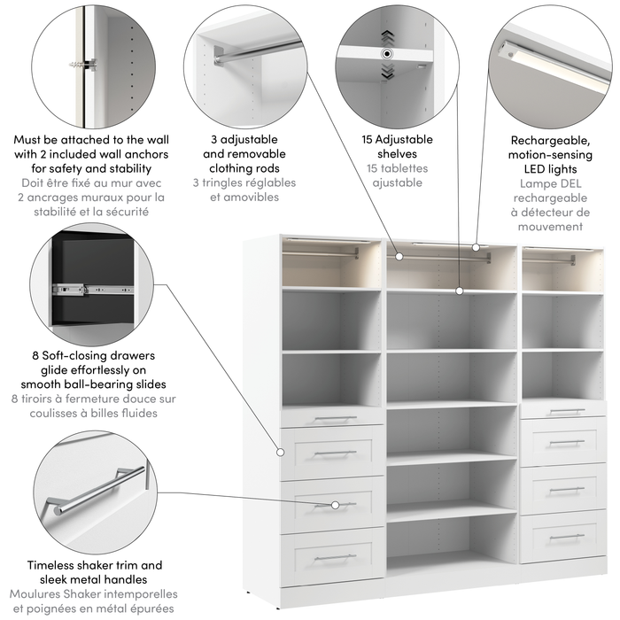 Bestar Florence 85\" Modular Reach-In/Walk-In Closet System with LED Lights, Shelves and Drawers Shak