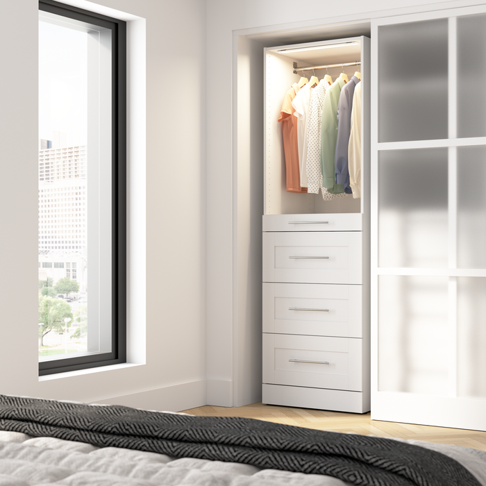Bestar Florence 25\" Modular Reach-In/Walk-In Closet System Tower with LED Light, Shelves and 4 Drawe