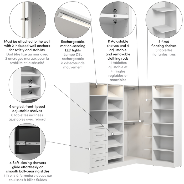 Bestar Florence 85\" Modular L-Shaped Walk-In Closet System with LED Lights, Rods, Drawers and Shoe S