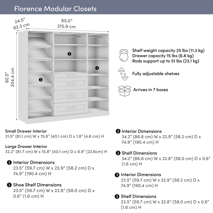 Bestar Florence 85\" Modular Reach-In/Walk-In Closet System with LED Lights, Drawers and Shoe Shelves