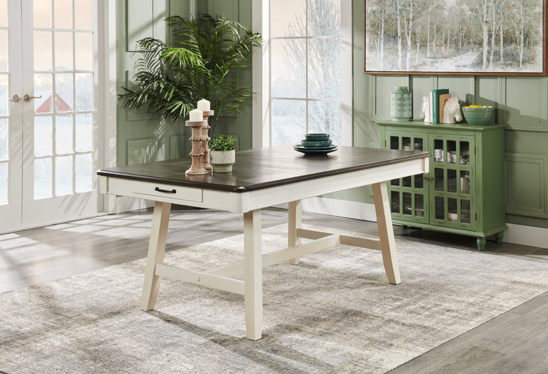 Echo 6pc Dining Table Set with Table, Bench & 4 Chairs, Storage Drawers, Trestle Base, 70\"W - White/Grey 
