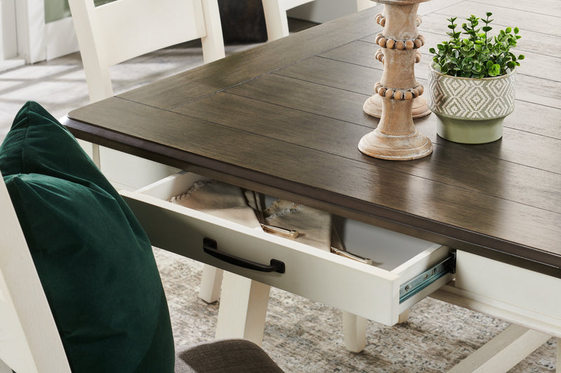 Echo 6pc Dining Table Set with Table, Bench & 4 Chairs, Storage Drawers, Trestle Base, 70\"W - White/Grey 