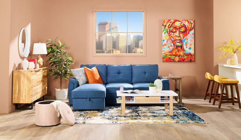 Eden 2-Piece Reversible Fabric Sleeper Sectional with Storage Chaise and Removable Back Cushions - Blue 