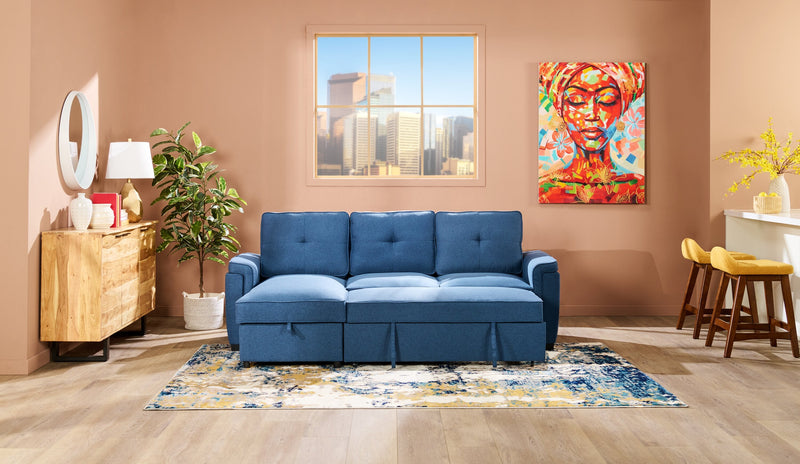 Eden 2-Piece Reversible Fabric Sleeper Sectional with Storage Chaise and Removable Back Cushions - Blue 