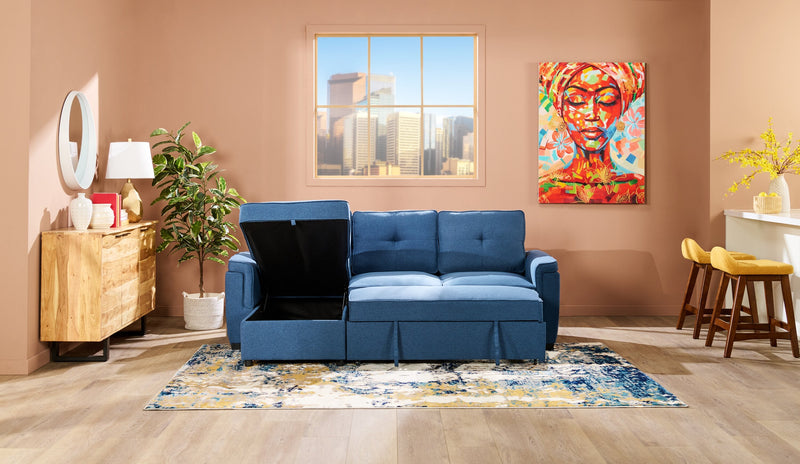 Eden 2-Piece Reversible Fabric Sleeper Sectional with Storage Chaise and Removable Back Cushions - Blue 