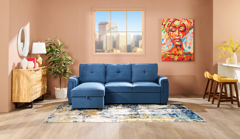 Eden 2-Piece Reversible Fabric Sleeper Sectional with Storage Chaise and Removable Back Cushions - Blue 