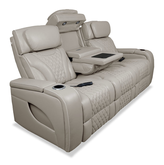 Elite 86\" Genuine Leather Massage Power Reclining Sofa with Immersive Audio and Power Headrests - Putty 