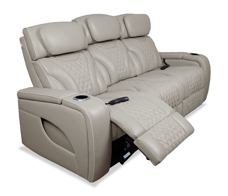 Elite 86\" Genuine Leather Massage Power Reclining Sofa with Immersive Audio and Power Headrests - Putty 