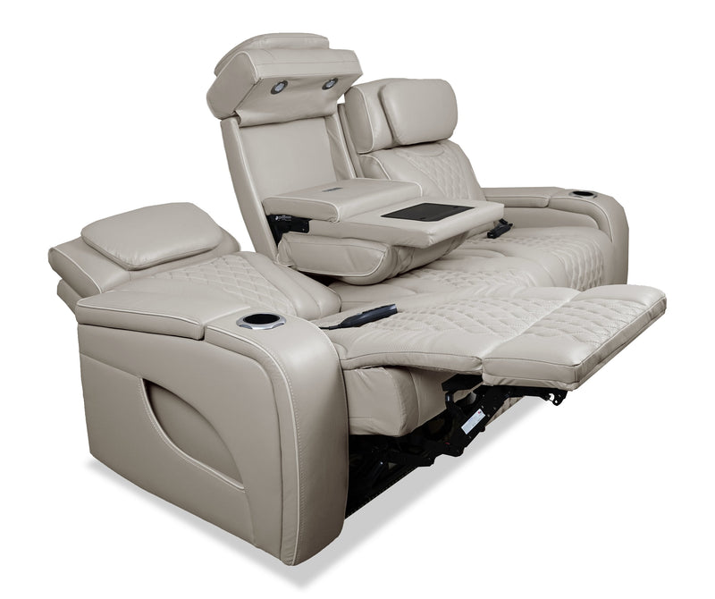 Elite 86\" Genuine Leather Massage Power Reclining Sofa with Immersive Audio and Power Headrests - Putty 