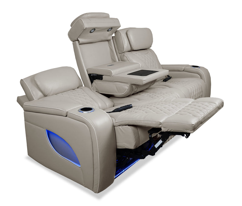 Elite 86\" Genuine Leather Massage Power Reclining Sofa with Immersive Audio and Power Headrests - Putty 