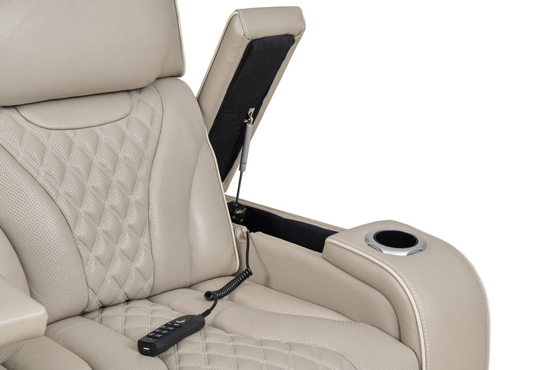 Elite 86\" Genuine Leather Massage Power Reclining Sofa with Immersive Audio and Power Headrests - Putty 