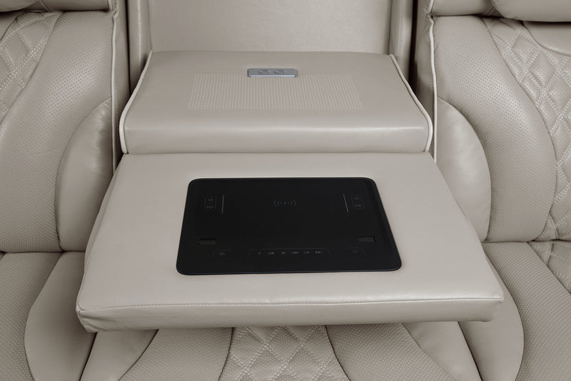 Elite 86\" Genuine Leather Massage Power Reclining Sofa with Immersive Audio and Power Headrests - Putty 
