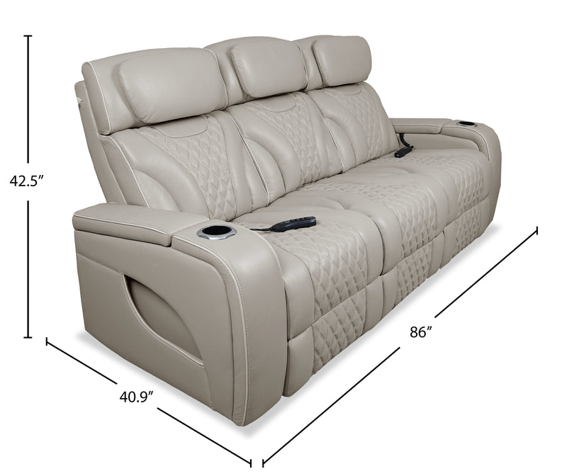 Elite 86\" Genuine Leather Massage Power Reclining Sofa with Immersive Audio and Power Headrests - Putty 