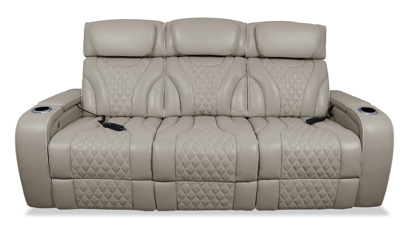 Elite 86\" Genuine Leather Massage Power Reclining Sofa with Immersive Audio and Power Headrests - Putty 
