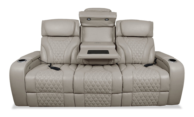 Elite 86\" Genuine Leather Massage Power Reclining Sofa with Immersive Audio and Power Headrests - Putty 