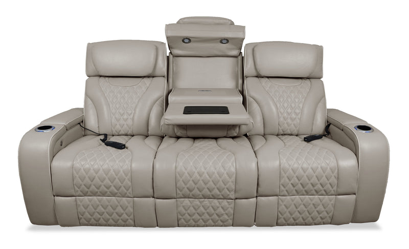 Elite 86\" Genuine Leather Massage Power Reclining Sofa with Immersive Audio and Power Headrests - Putty 
