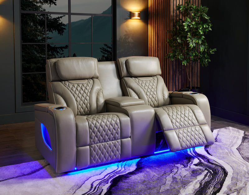 Elite Genuine Leather Power Reclining Loveseat with Massage Function and Power Headrests - Grey  
