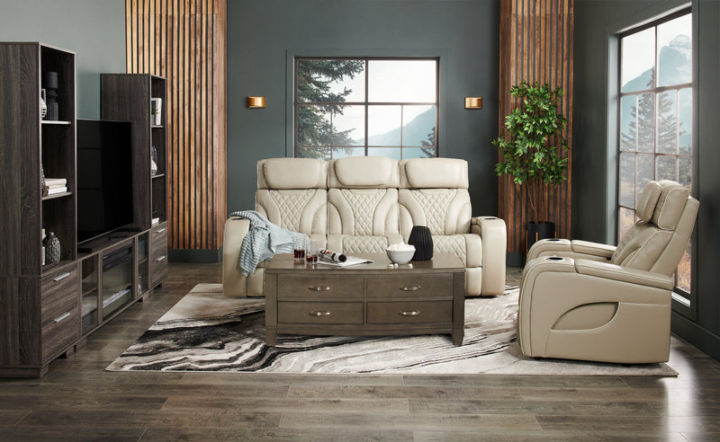 Elite 86\" Genuine Leather Massage Power Reclining Sofa with Power Headrests and Storage Arms - Putty 