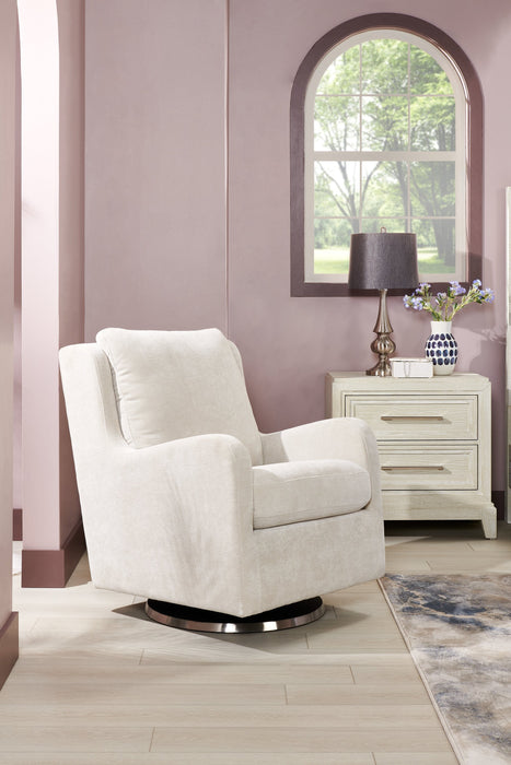 Ellie 29\" Beige Linen-Look Fabric Swivel Glider Accent Chair with Wingback and Recessed Arms 