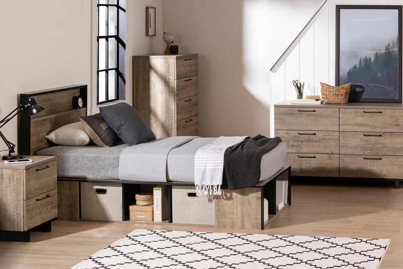 Everley Platform Bed 5pc Set with Panel Headboard, Chest & Nightstand, Two-Tone - Full Size 