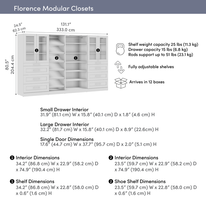 Bestar Florence 132\" Modular Walk-In Closet System with LED Lights, Drawers, Doors and Shoe Shelves 