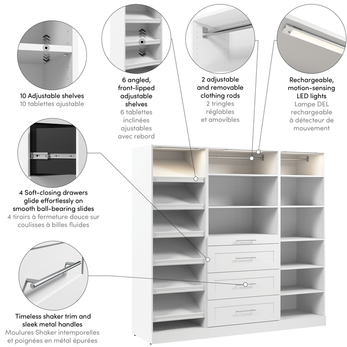 Bestar Florence 85\" Modular Reach-In/Walk-In Closet System with LED Lights, Drawers and Shoe Shelves