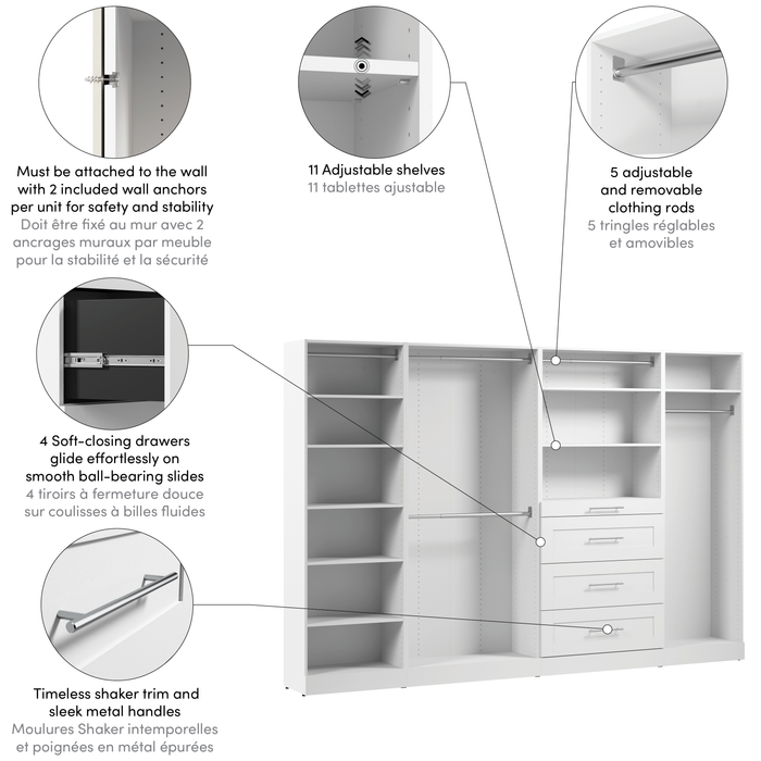 Bestar Florence 121\" Modular Walk-In Closet System with Rods, Shelves and Drawers Shaker Style - White
