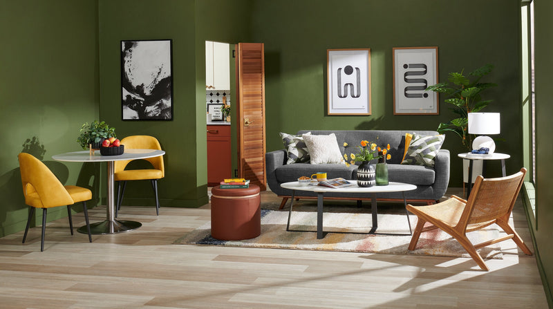 Kort & Co. Freeman 80” Charcoal Grey Linen-Look Fabric Condo Size Sofa with Wood Base and Legs
