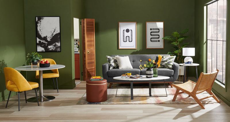 Kort & Co. Freeman 80” Charcoal Grey Linen-Look Fabric Condo Size Sofa with Wood Base and Legs