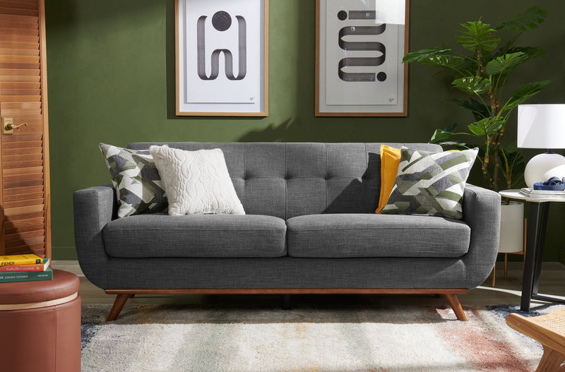 Kort & Co. Freeman 80” Charcoal Grey Linen-Look Fabric Condo Size Sofa with Wood Base and Legs