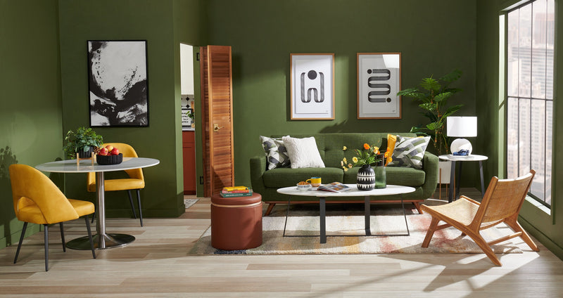 Kort & Co. Freeman 80” Avocado Green Linen-Look Fabric Condo Size Sofa with Wood Base and Legs