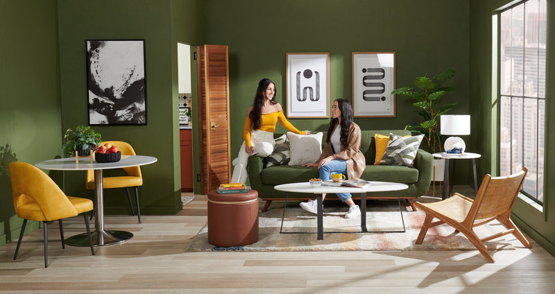 Kort & Co. Freeman 80” Avocado Green Linen-Look Fabric Condo Size Sofa with Wood Base and Legs