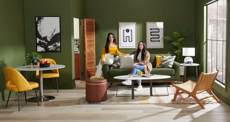 Kort & Co. Freeman 80” Avocado Green Linen-Look Fabric Condo Size Sofa with Wood Base and Legs