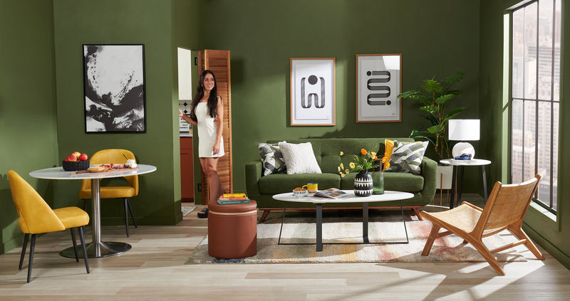 Kort & Co. Freeman 80” Avocado Green Linen-Look Fabric Condo Size Sofa with Wood Base and Legs